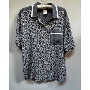 VTG David Wayne Women's Black White Floral Short Sleeve Button Down Shirt Medium